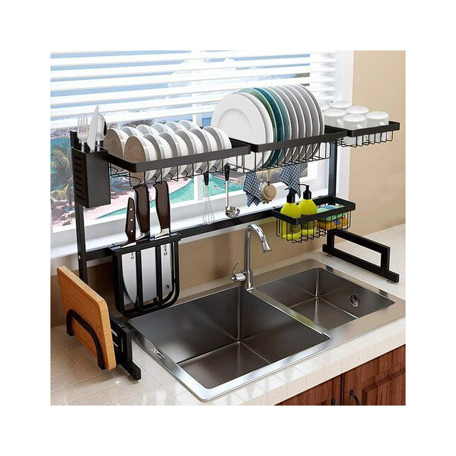 Etagere de rangement Vaisselle en acier inoxydable pour évier - Avec crochets pour ustensiles